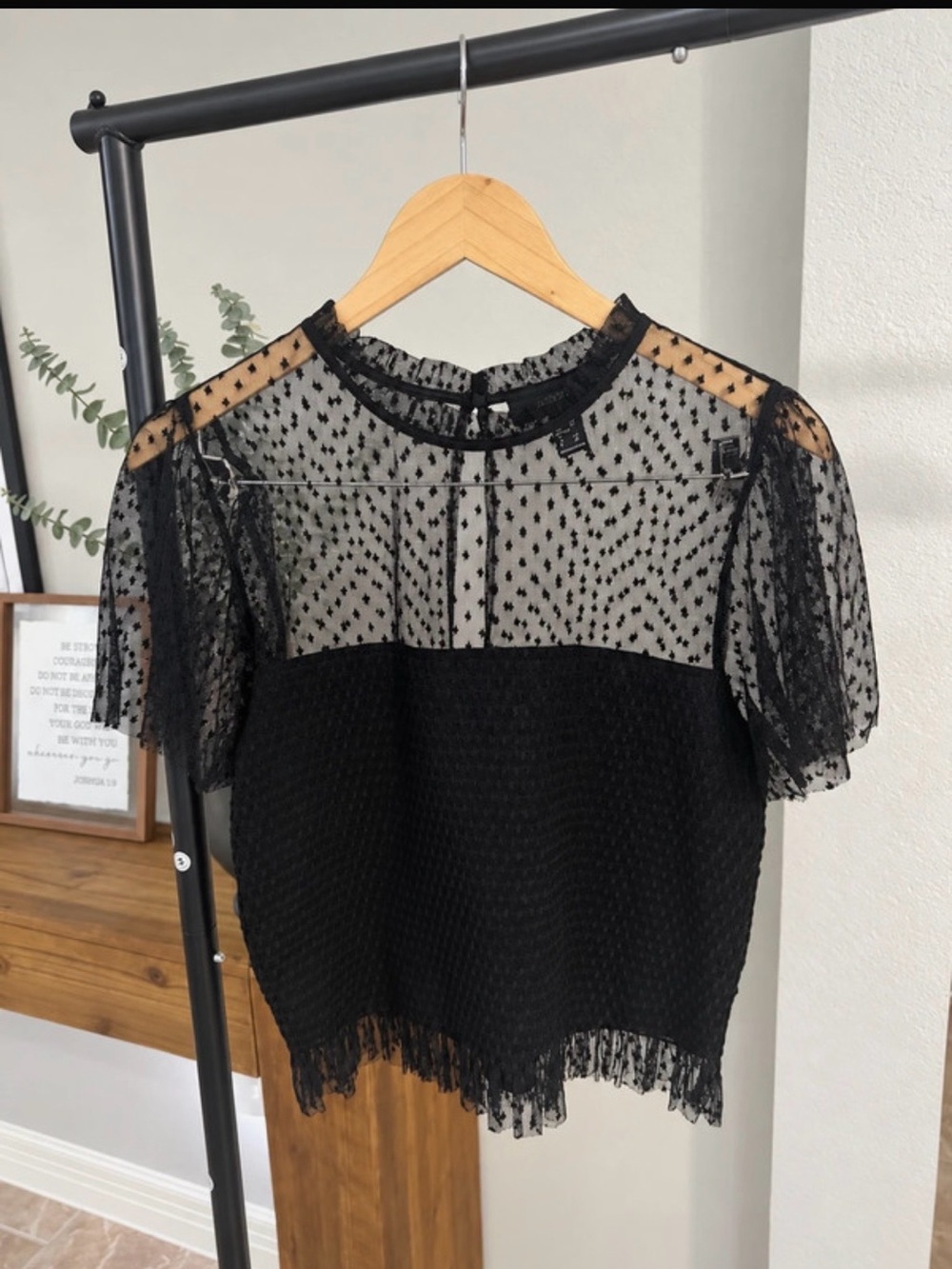 Forever 21 Black Sheer Dot Lace Short Sleeve Top